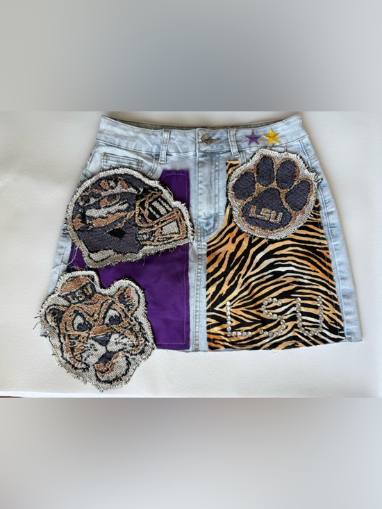 Dresses & Skirts - Handmade LSU Tigers Patchwork Game-day Denim Mini Skirt School Spirit Size 26